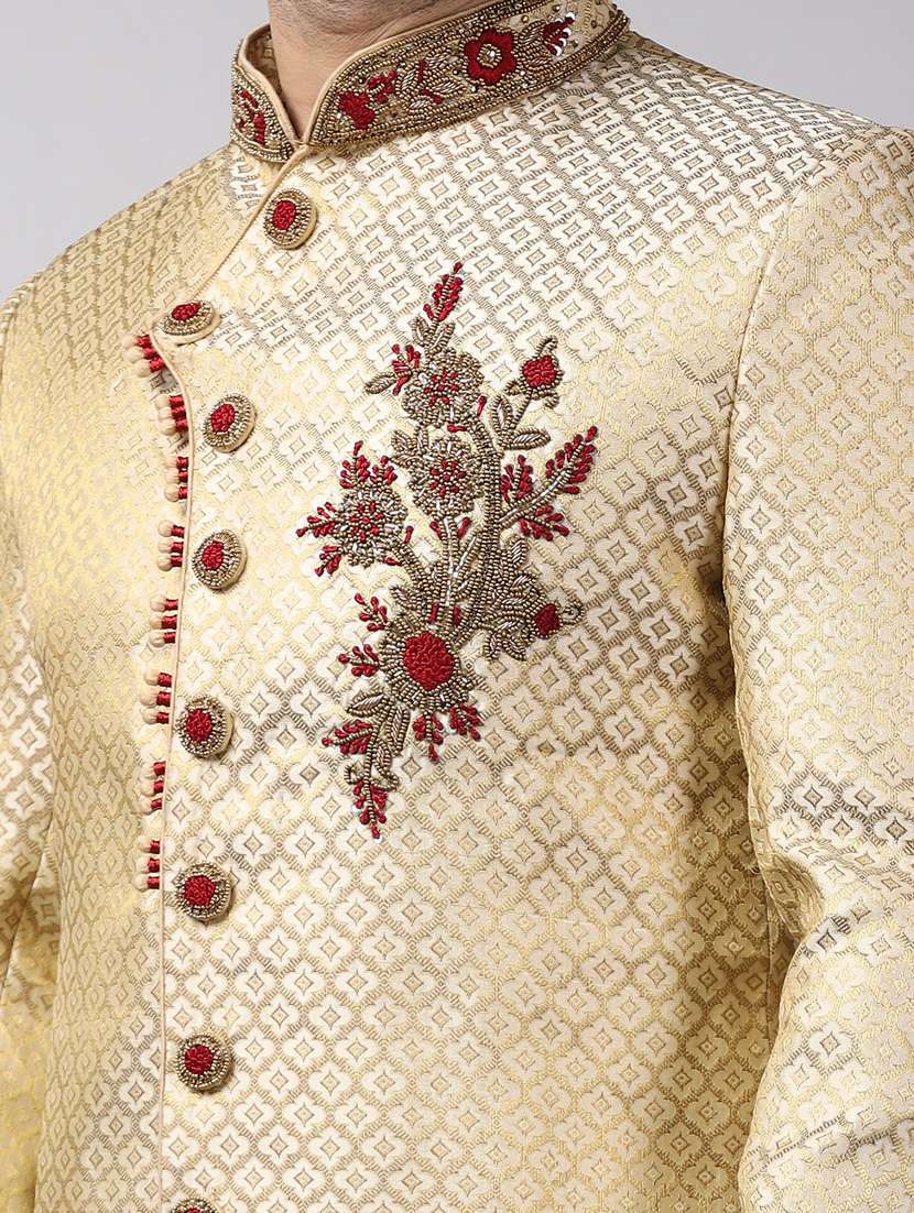 golden silk brocade sherwani ethnic wear set - 18473053 -  Standard Image - 5