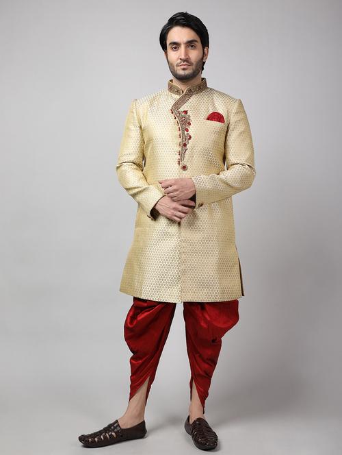 golden silk brocade sherwani ethnic wear set - 18473054 -  Standard Image - 0