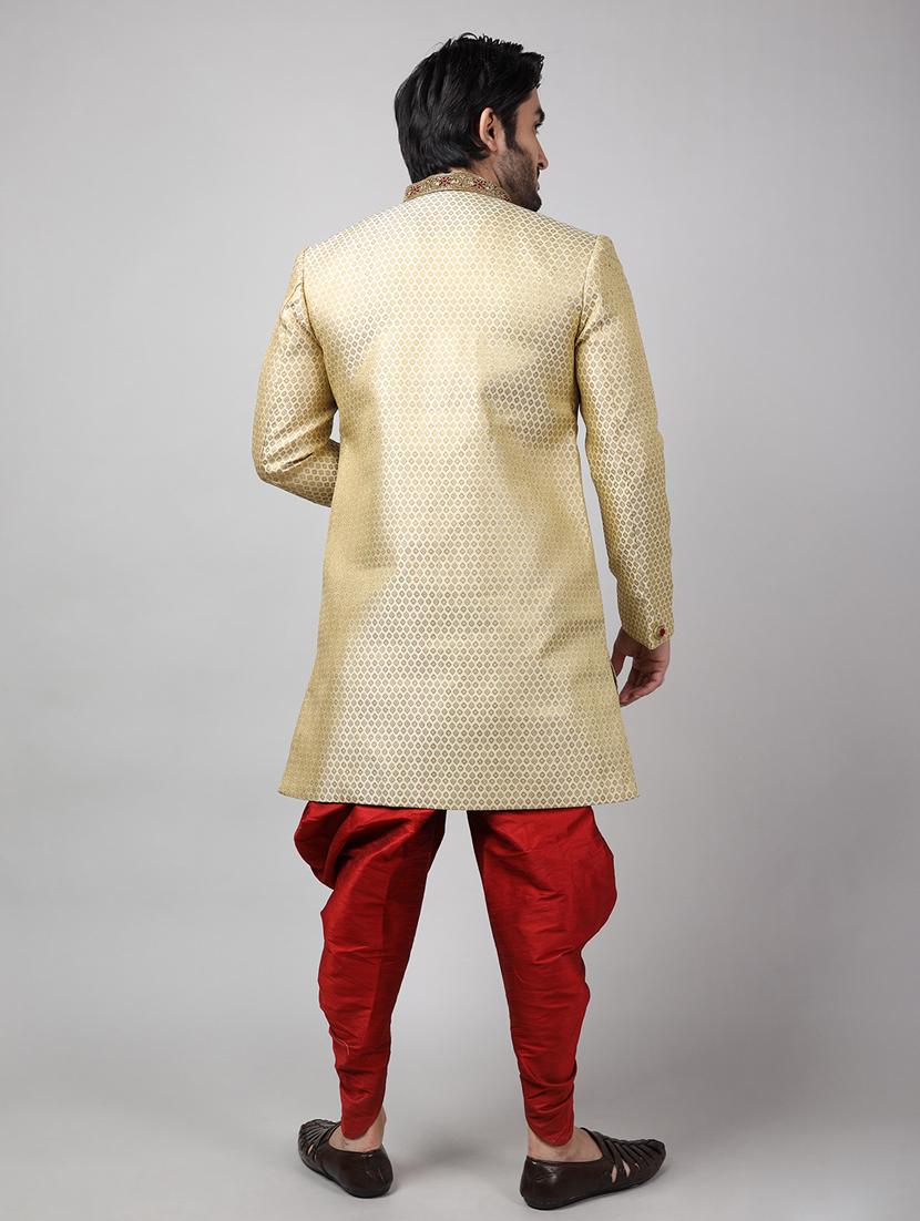 golden silk brocade sherwani ethnic wear set - 18473054 - Standard Image - 3