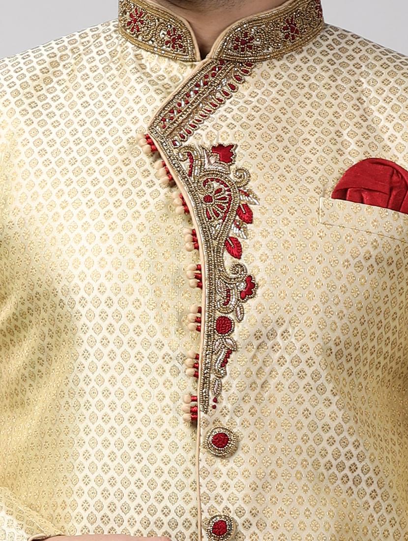 golden silk brocade sherwani ethnic wear set - 18473054 - Standard Image - 5