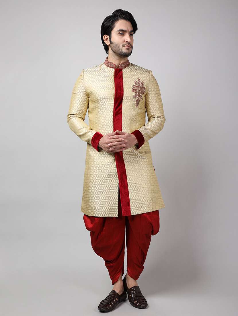 golden silk brocade sherwani ethnic wear set