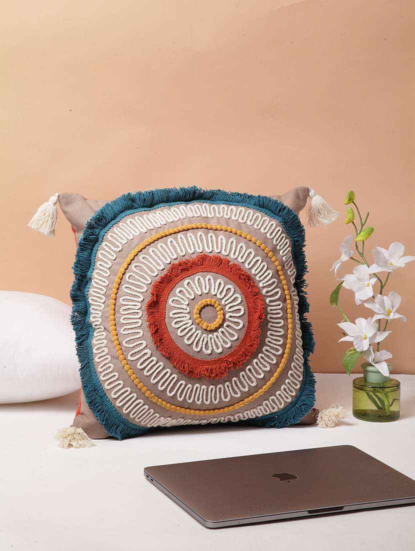 blanc9 medallion embroidered & fringe lace cotton square cushion cover 16x16 inches