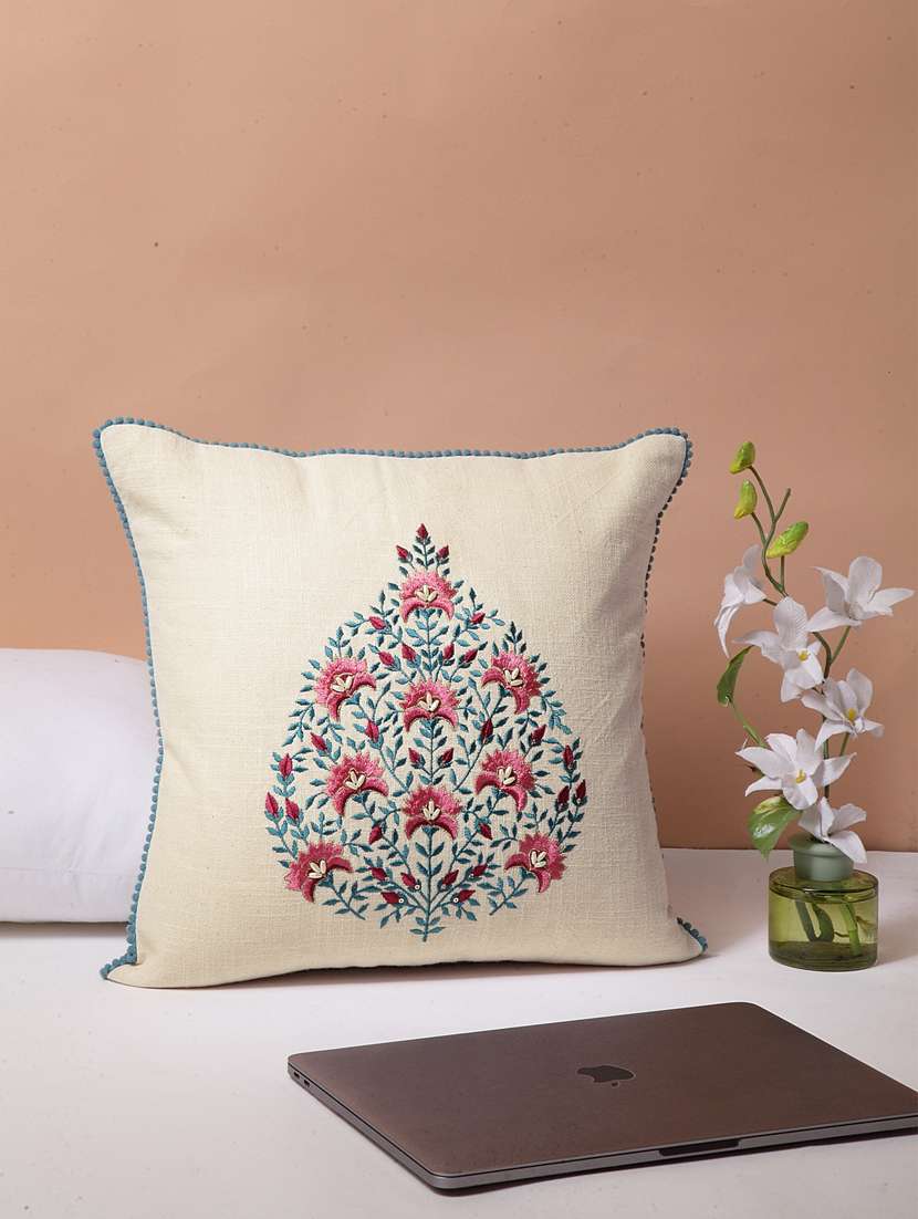 blanc9 multicolor mughal embroidered cotton cushion cover 16 x16 inches