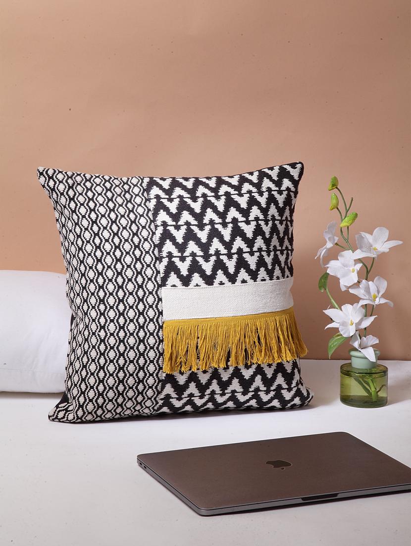 blanc9 cotton black & mustard fringes cushion cover 16 x16 inches