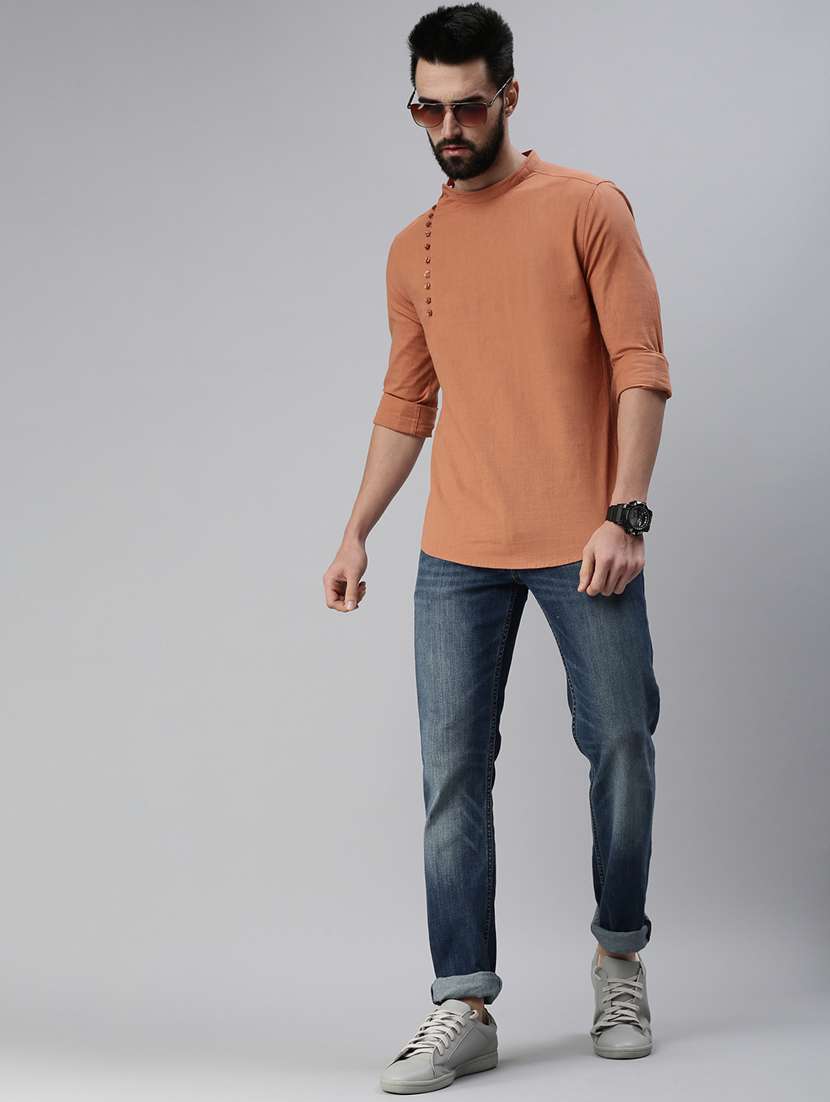 brown solid short kurta - 18475124 -  Standard Image - 3