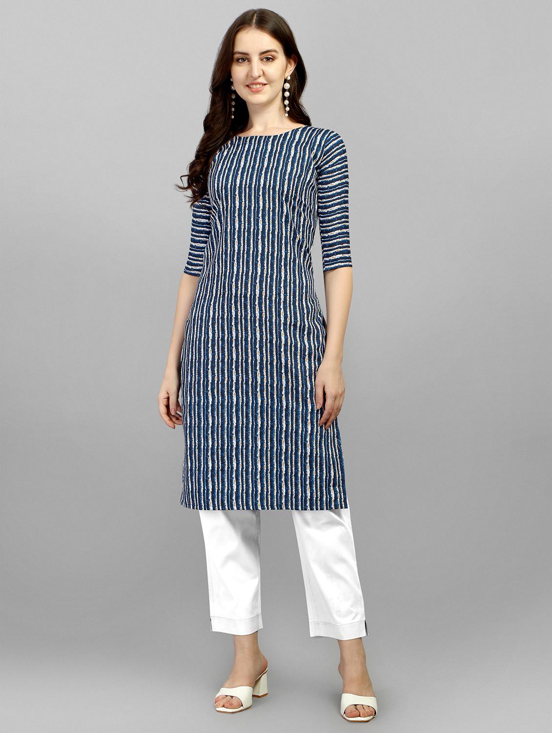 boat neck striped straight kurta - 18476229 - Zoom Image - 0