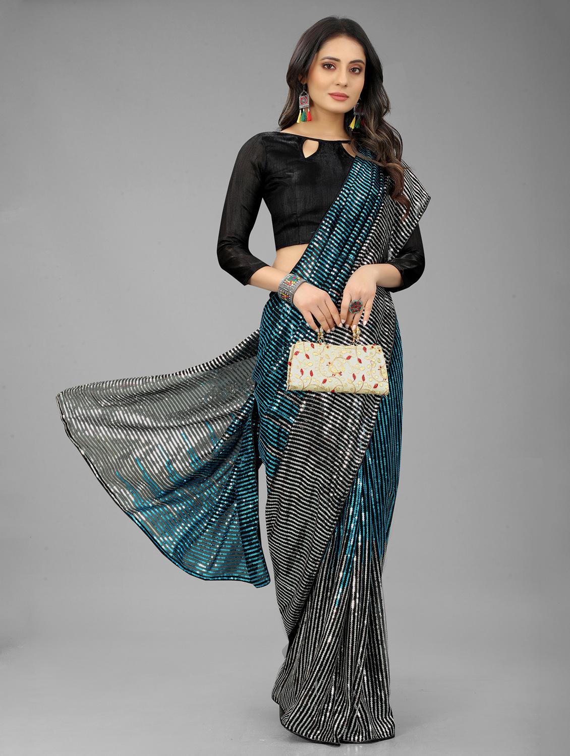 turquoise half & half sequined saree with blouse - 18476591 - Zoom Image - 0
