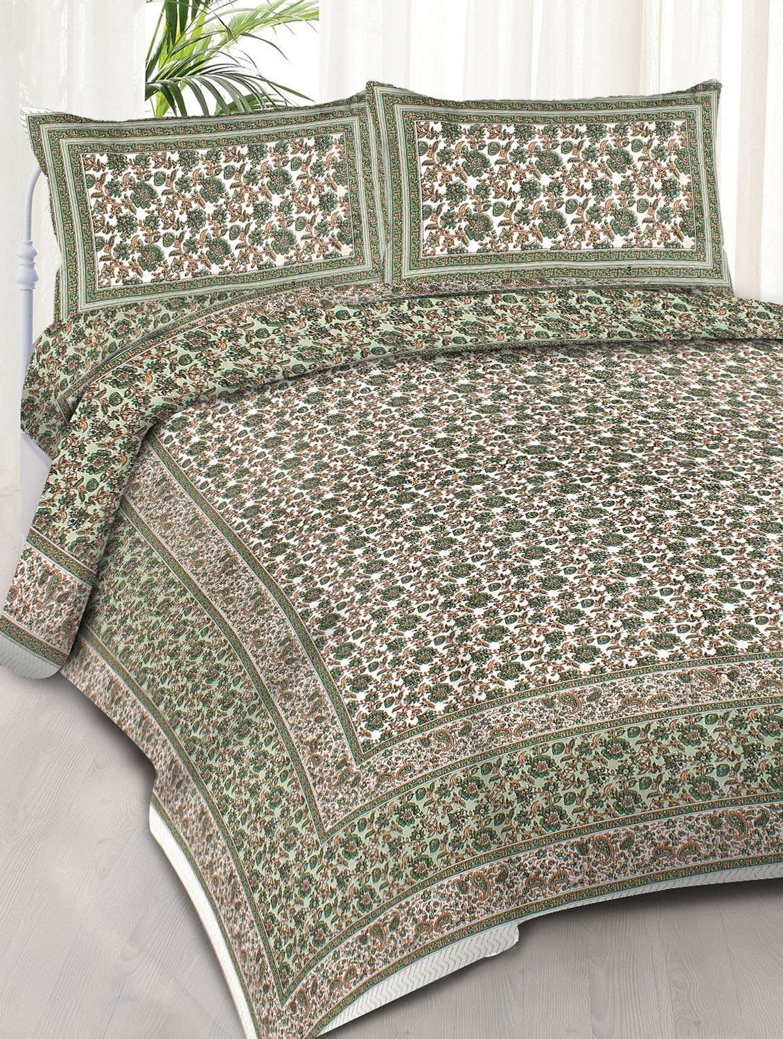 carry border printed 100% cotton pigment double bedsheet with pillow-green colour - 18477176 - Zoom Image - 0