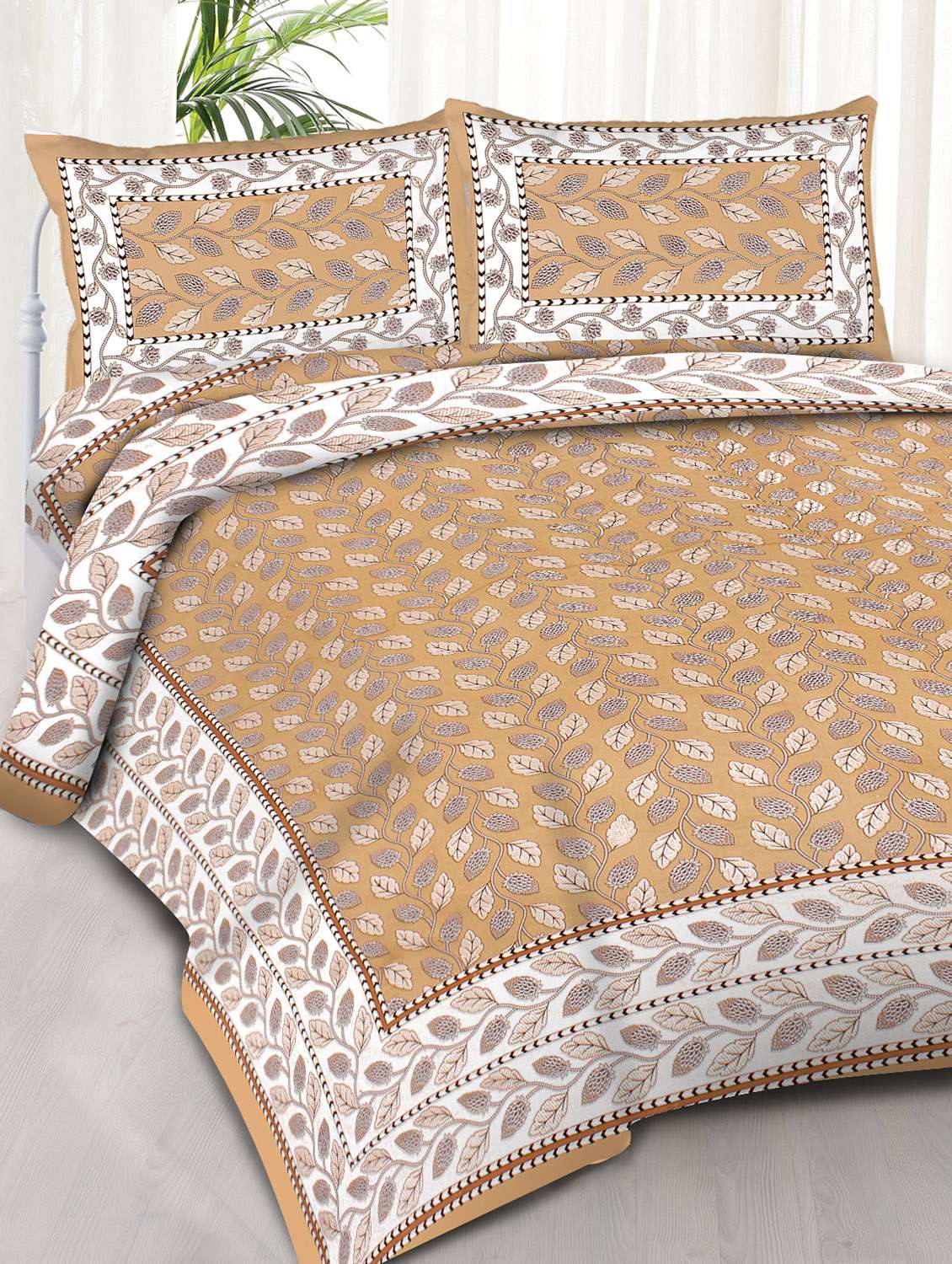 dry leaf printed 100% cotton pigment double bedsheet with pillow covers - 18477181 - Zoom Image - 0