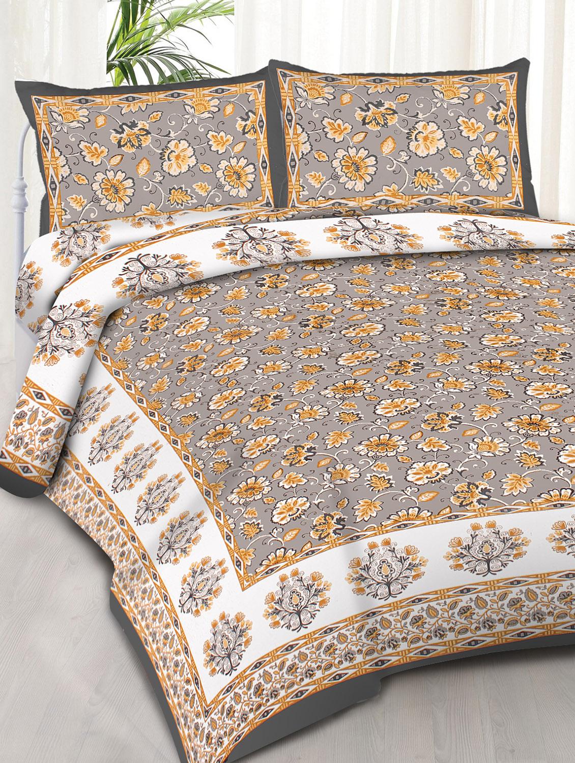 ikkat border printed 100% cotton pigment double bedsheet with pillow covers - 18477194 - Zoom Image - 0