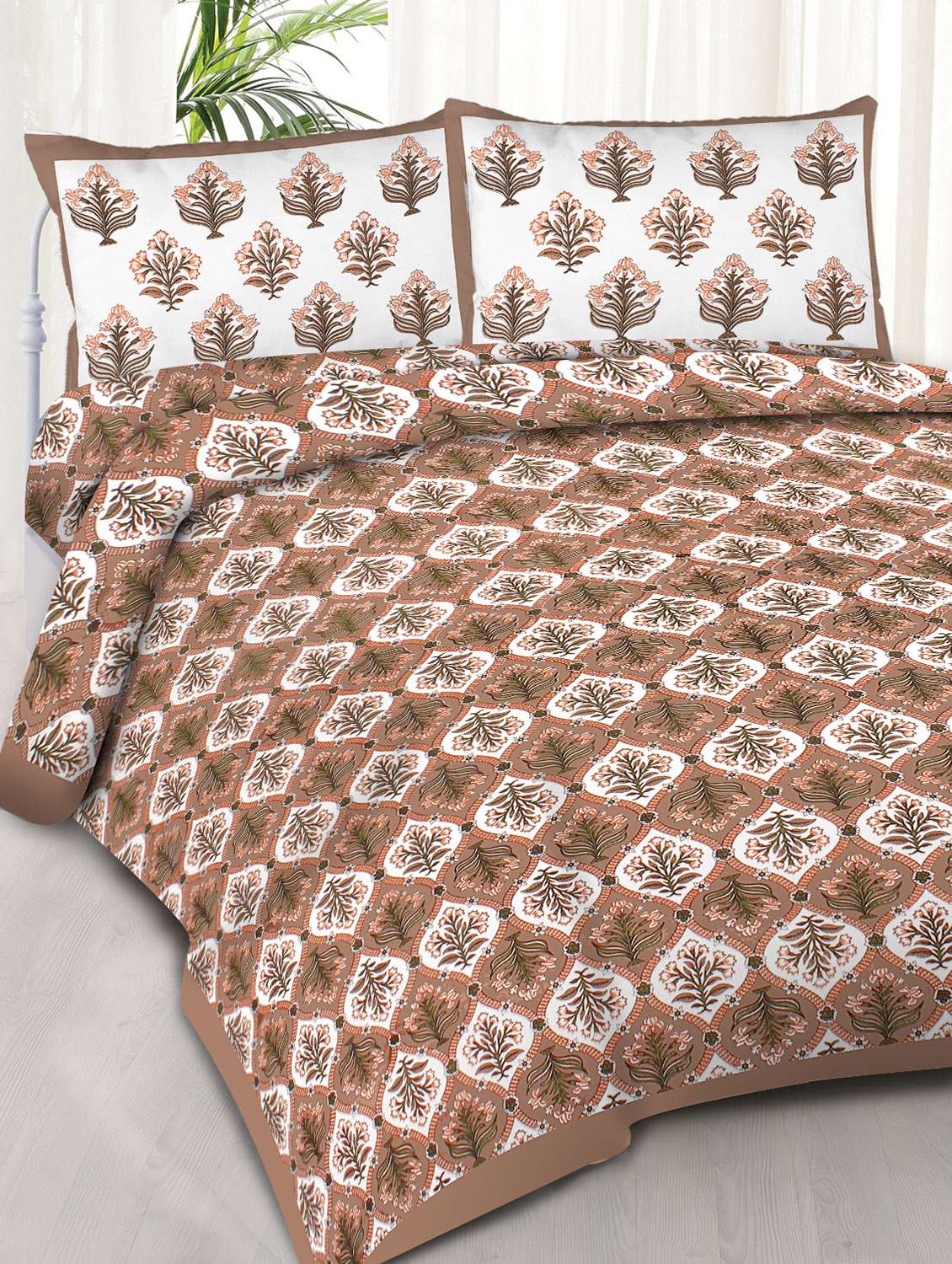 motifs printed 100% cotton pigment double bedsheet with pillow-brown colour - 18477207 - Zoom Image - 0