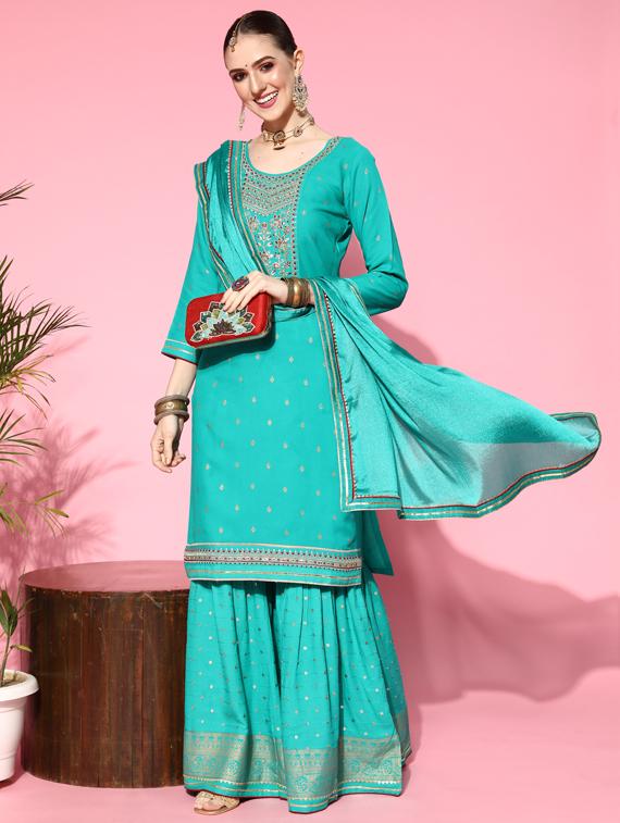 embroidered kurta sharara set with dupatta - 18477642 - Zoom Image - 0