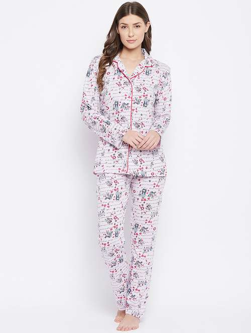 lapel neck printed nightwear pyjama set - 18478827 - Standard Image - 0