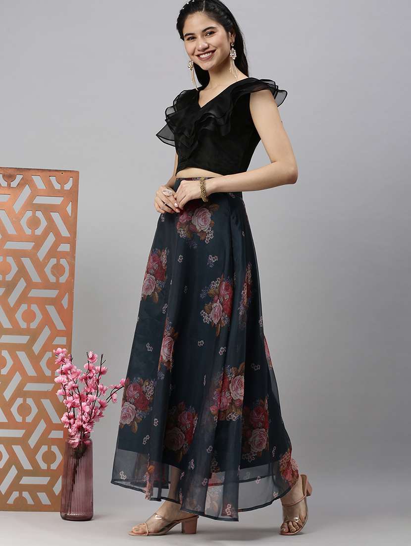navy-blue floral printed flared skirt - 18478990 - Standard Image - 3