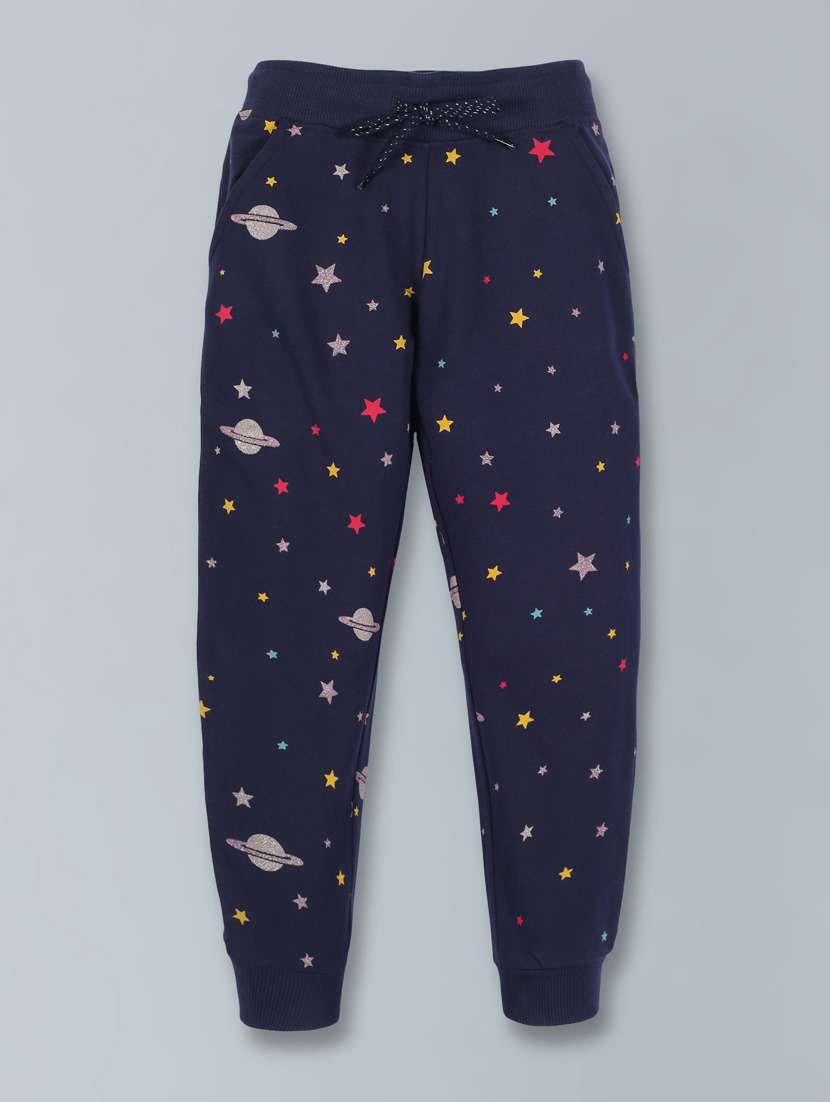 girls navy blue printed jogger 