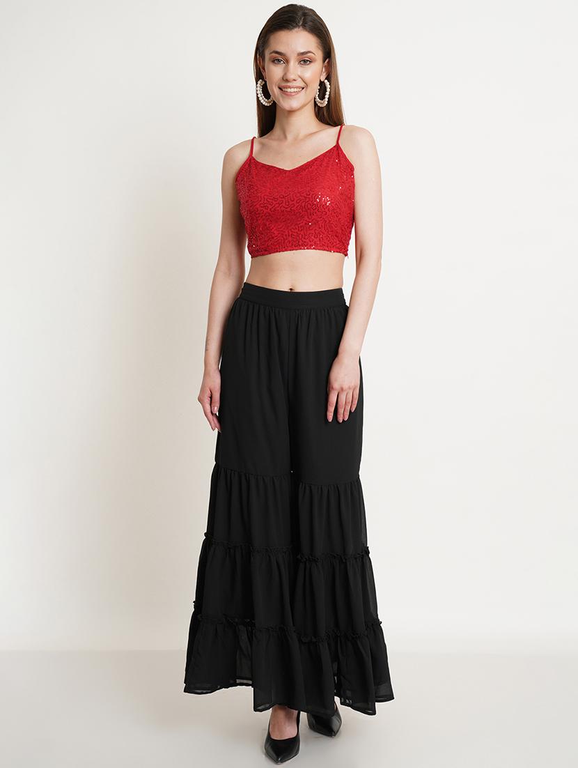 women red sequin work fusion set