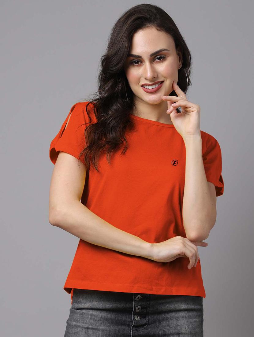 orange round neck solid t-shirt - 18480862 - Zoom Image - 0
