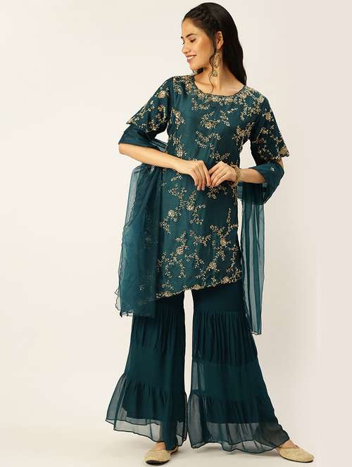 women embellished kurta sharara with dupatta set - 18480925 - Standard Image - 0