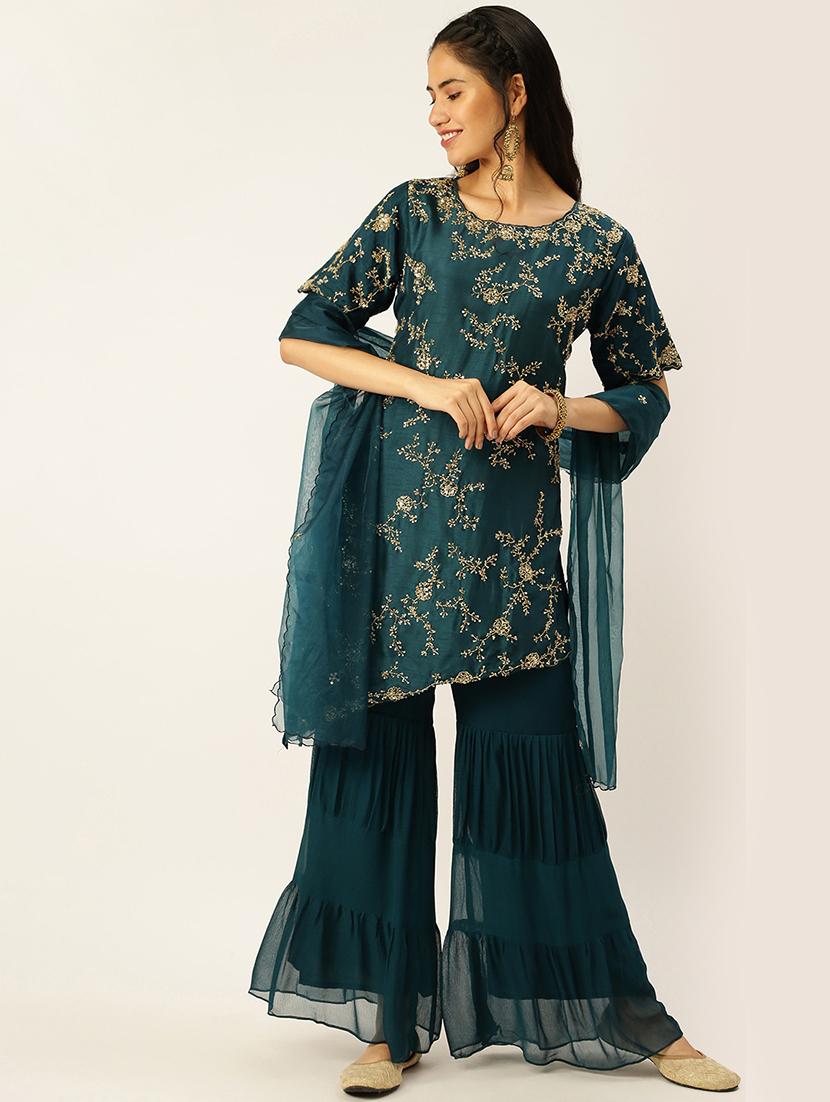 women embellished kurta sharara with dupatta set