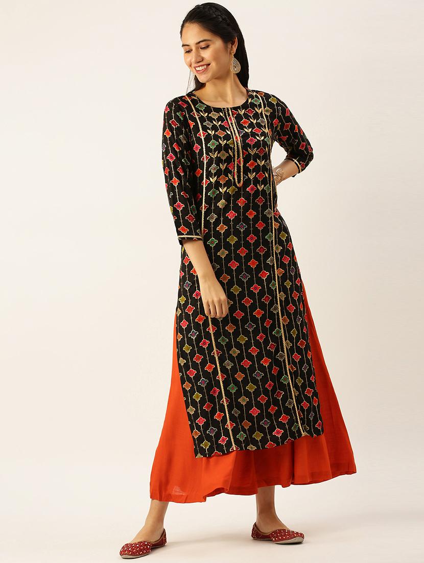 women foil printed round neck kurta palazzo set