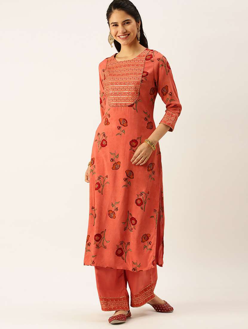 women floral round neck kurta palazzo set