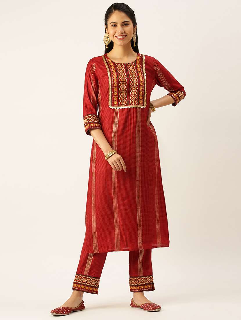 women checks round neck kurta pant set