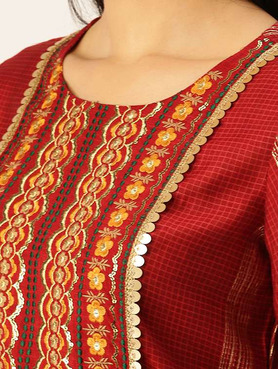 women checks round neck kurta pant set - 18480960 -  Standard Image - 3