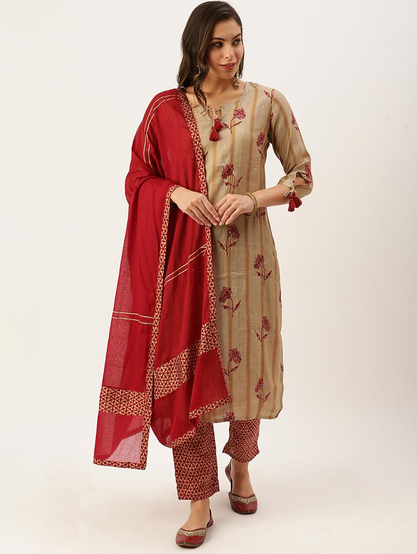 women three quarter sleeve kurta pant with dupatta set