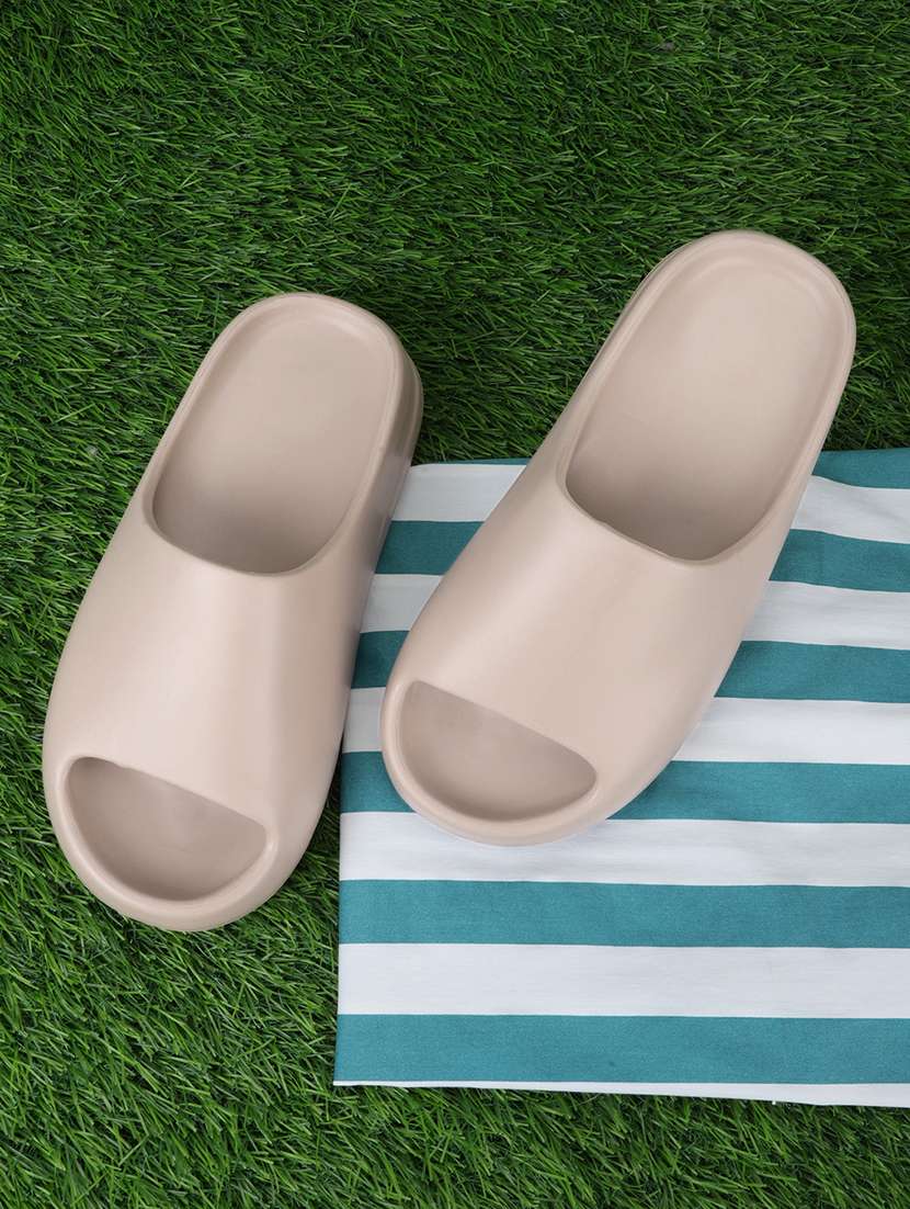 women brown solid slides 