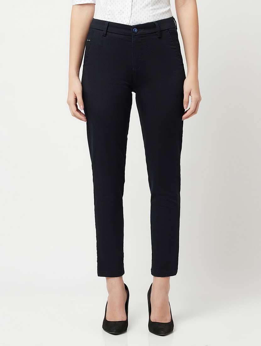 women mid rise solid flat front trouser