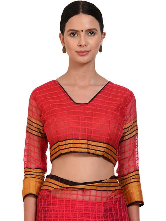 women's checks orange colored saree with blouse - 18482461 -  Standard Image - 3