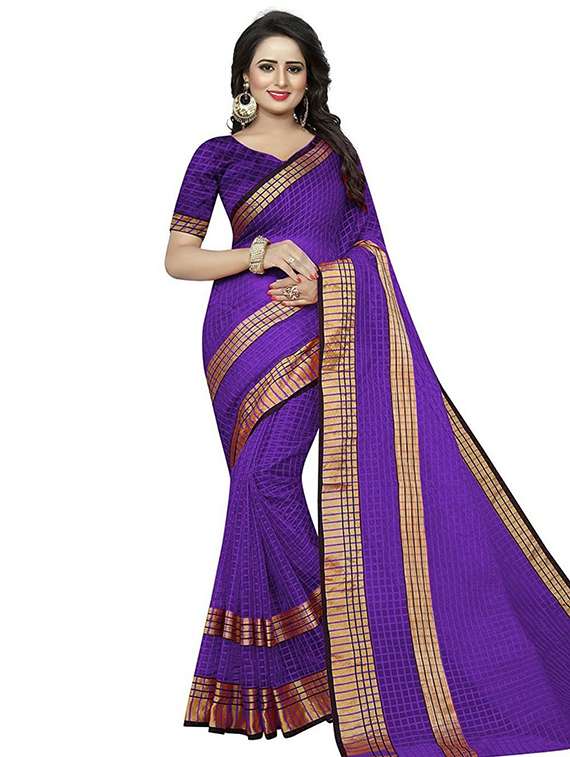 women's bordered purple colored saree with blouse