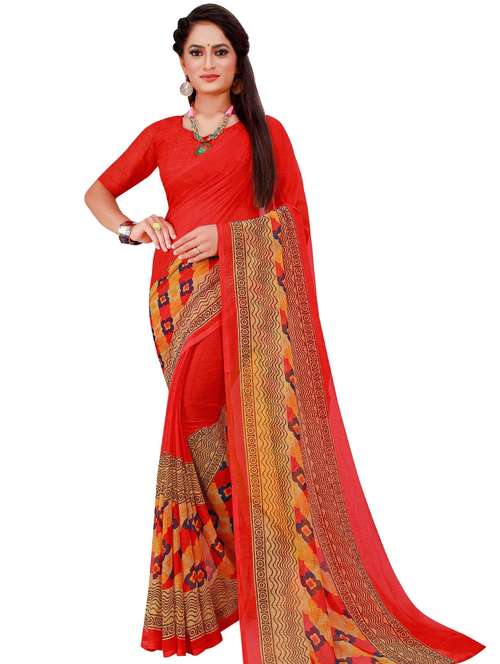 women's printed red colored saree with blouse - 18485092 -  Standard Image - 0