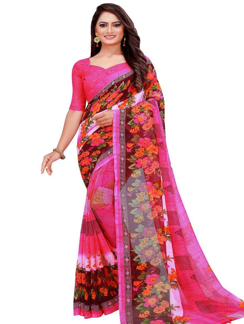 women's floral pink colored saree with blouse - 18485129 - Zoom Image - 0