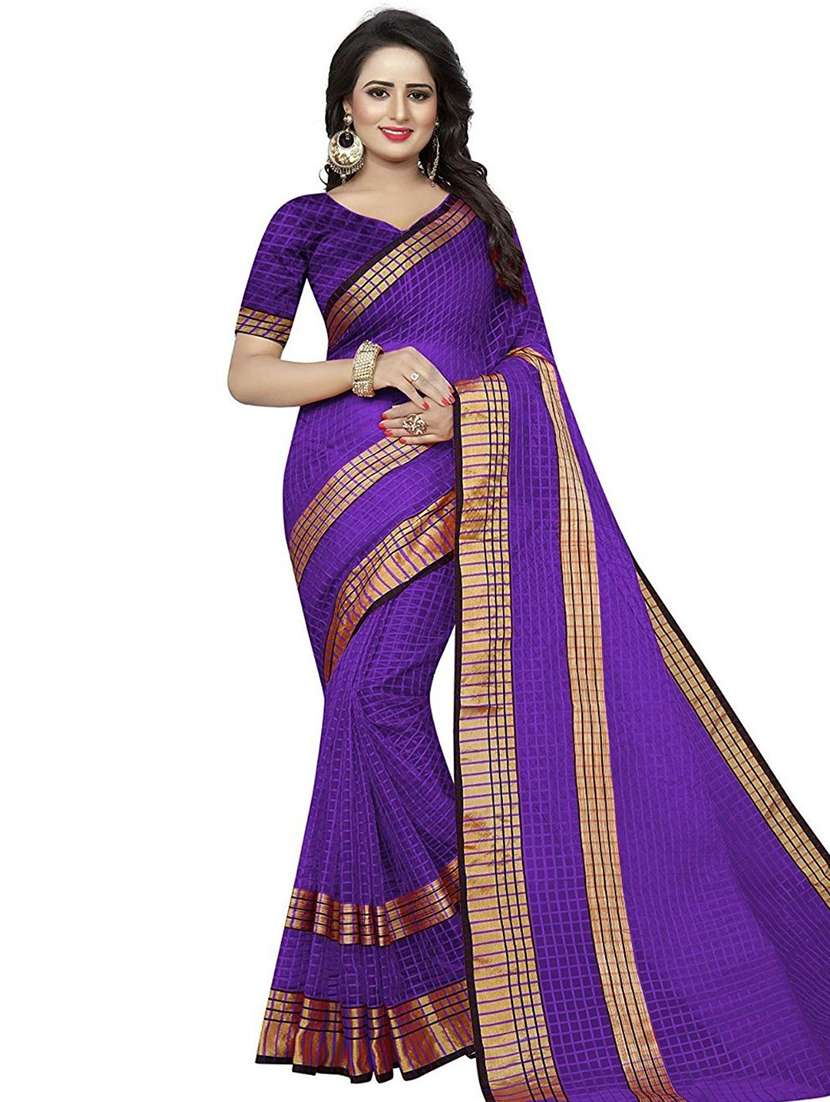 women's bordered royal blue colored saree with blouse