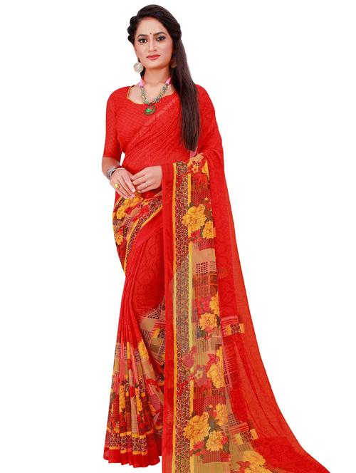 women's floral red colored saree with blouse - 18485747 - Standard Image - 0