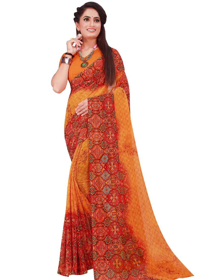 orange printed saree with blouse - 18485761 - Zoom Image - 0