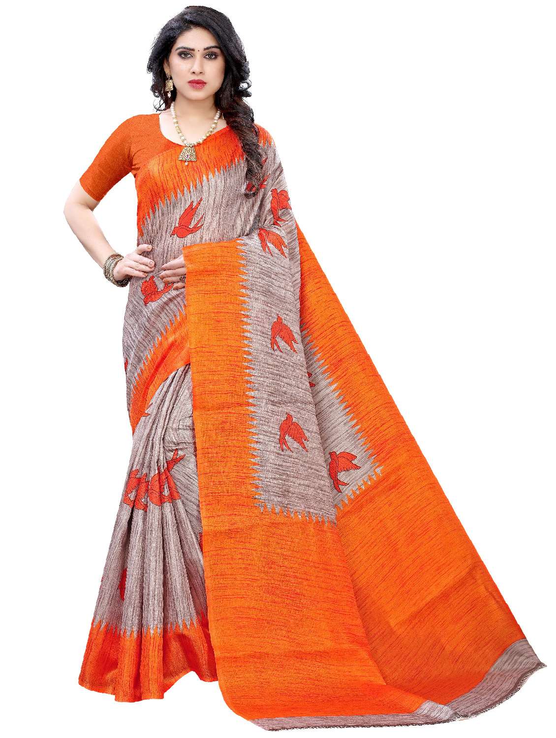 contrast bordered printed saree with blouse - 18487949 - Zoom Image - 0