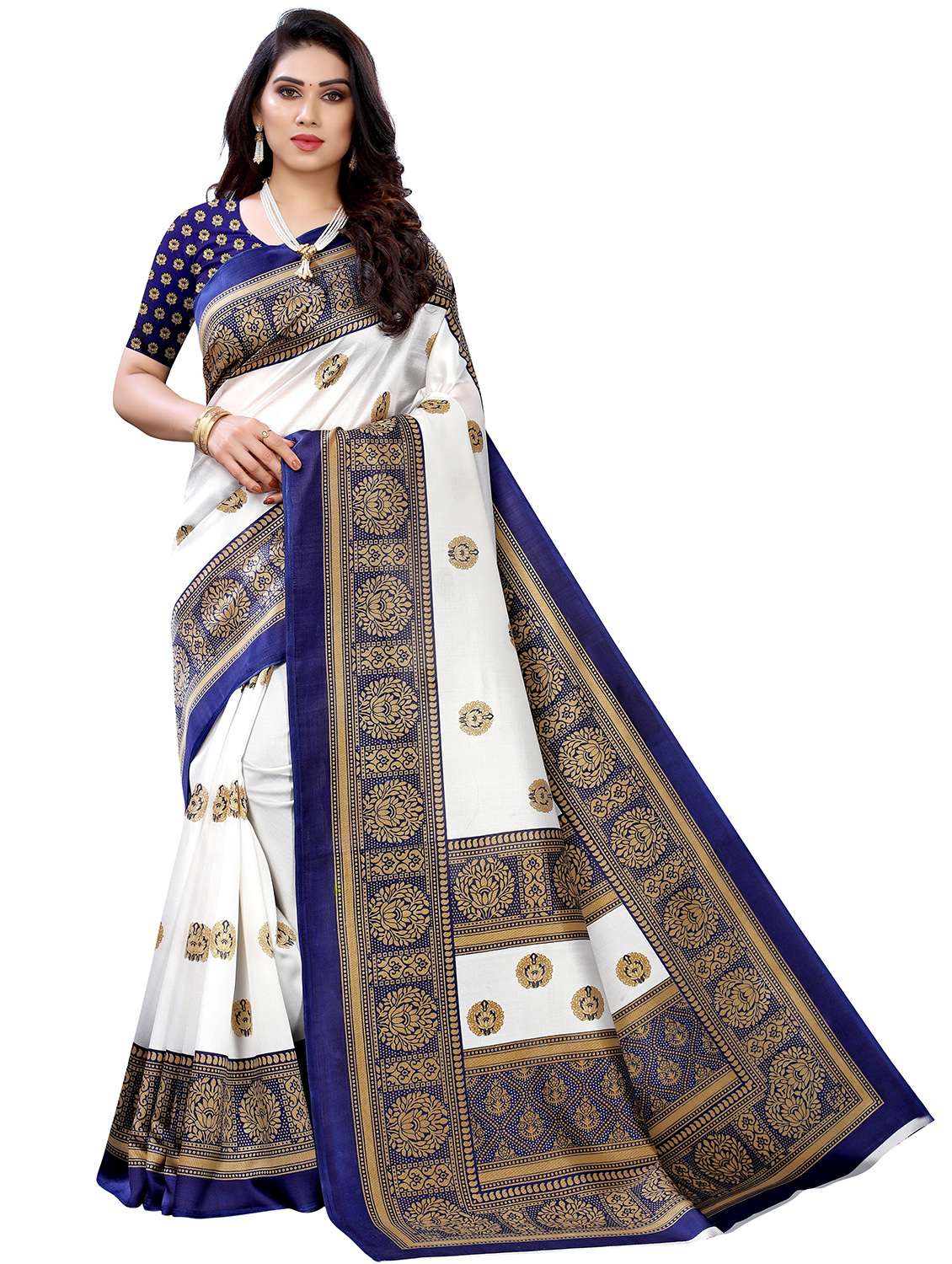women's self design white colored saree with blouse - 18488125 -  Zoom Image - 0