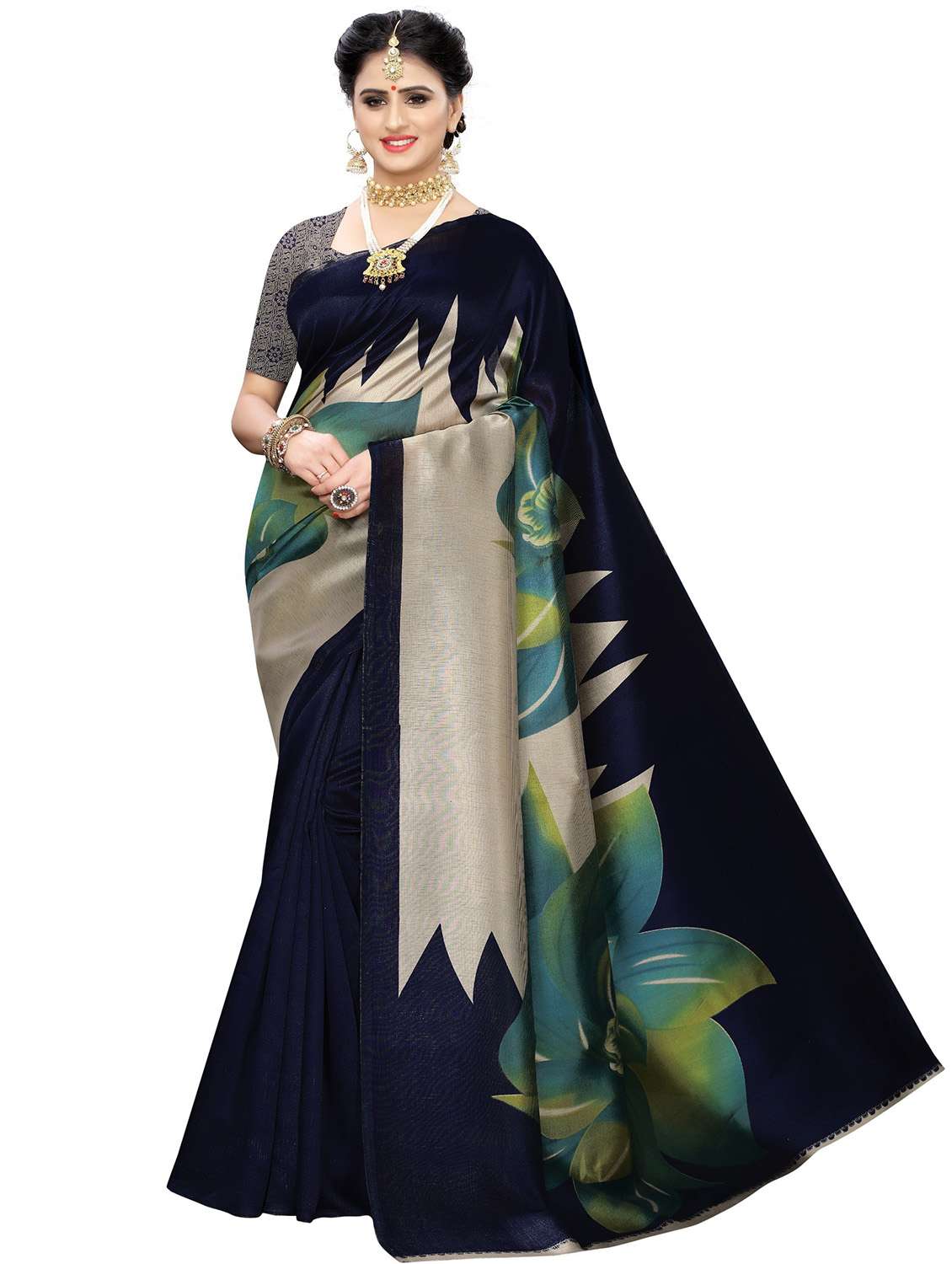women's floral navy blue colored saree with blouse