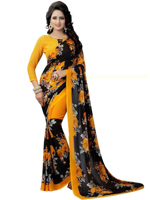 women's floral mustard colored saree with blouse - 18488269 - Standard Image - 0