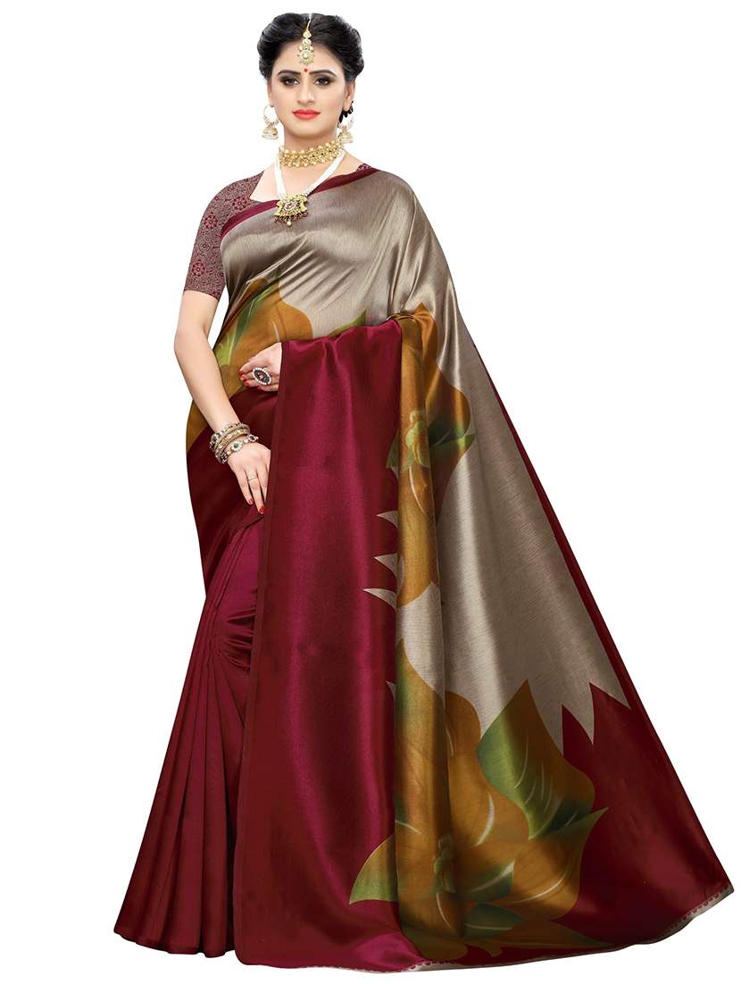women's floral maroon colored saree with blouse