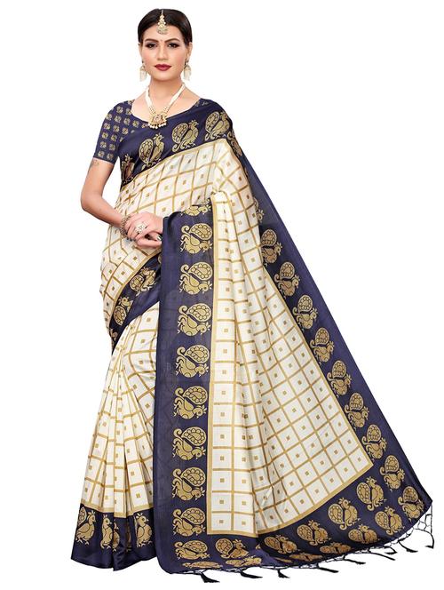 off white check printed saree with blouse - 18488481 - Standard Image - 0