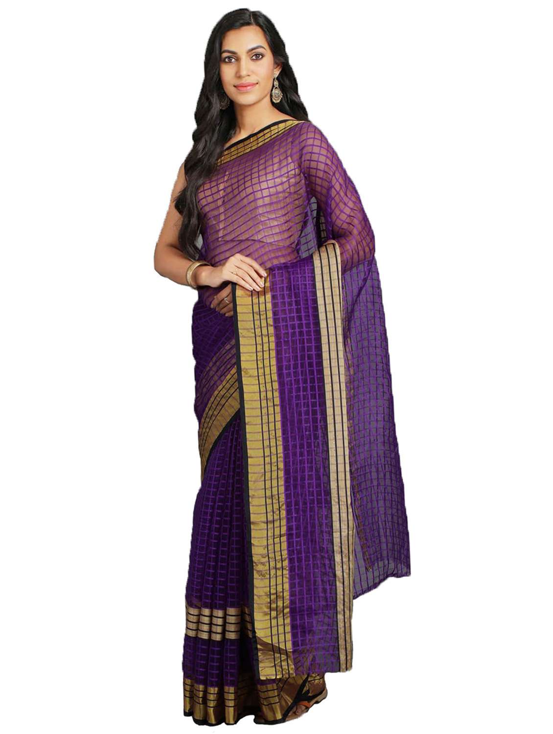 women's checks purple colored saree with blouse