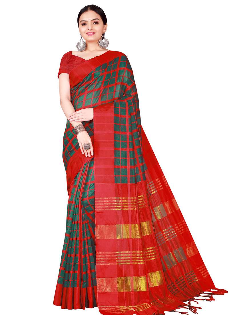 check printed saree with blouse - 18489035 - Zoom Image - 0