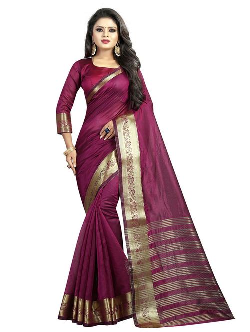 magenta cotton blend plain saree with blouse - 18489062 - Standard Image - 0
