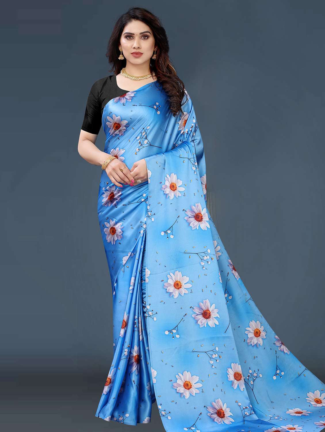 women's floral blue colored saree with blouse