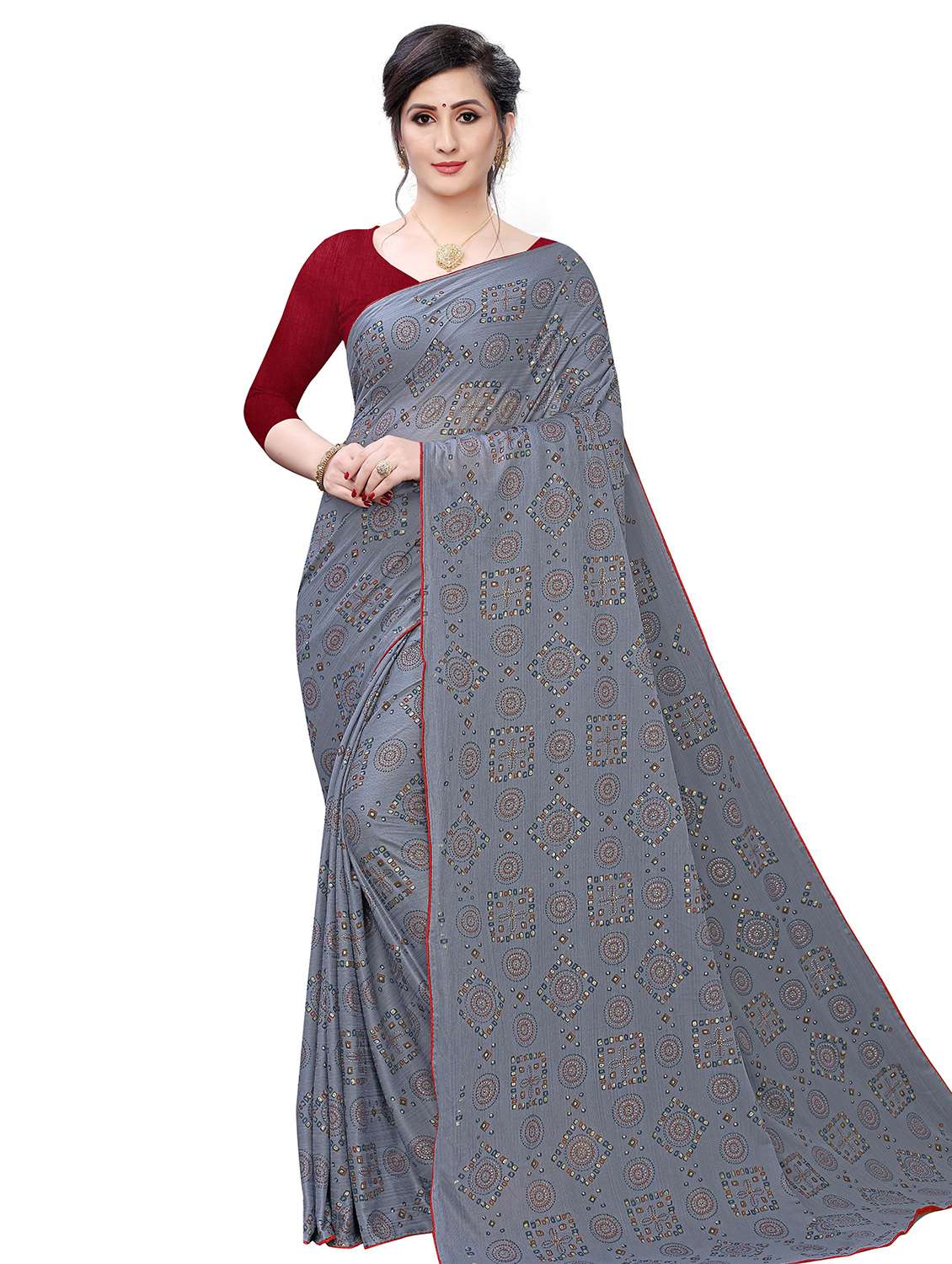 grey printed saree with blouse
