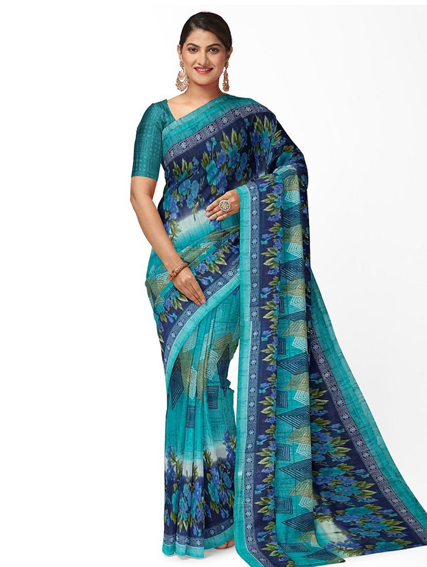 women's floral turquoise colored saree with blouse - 18489608 - Zoom Image - 0