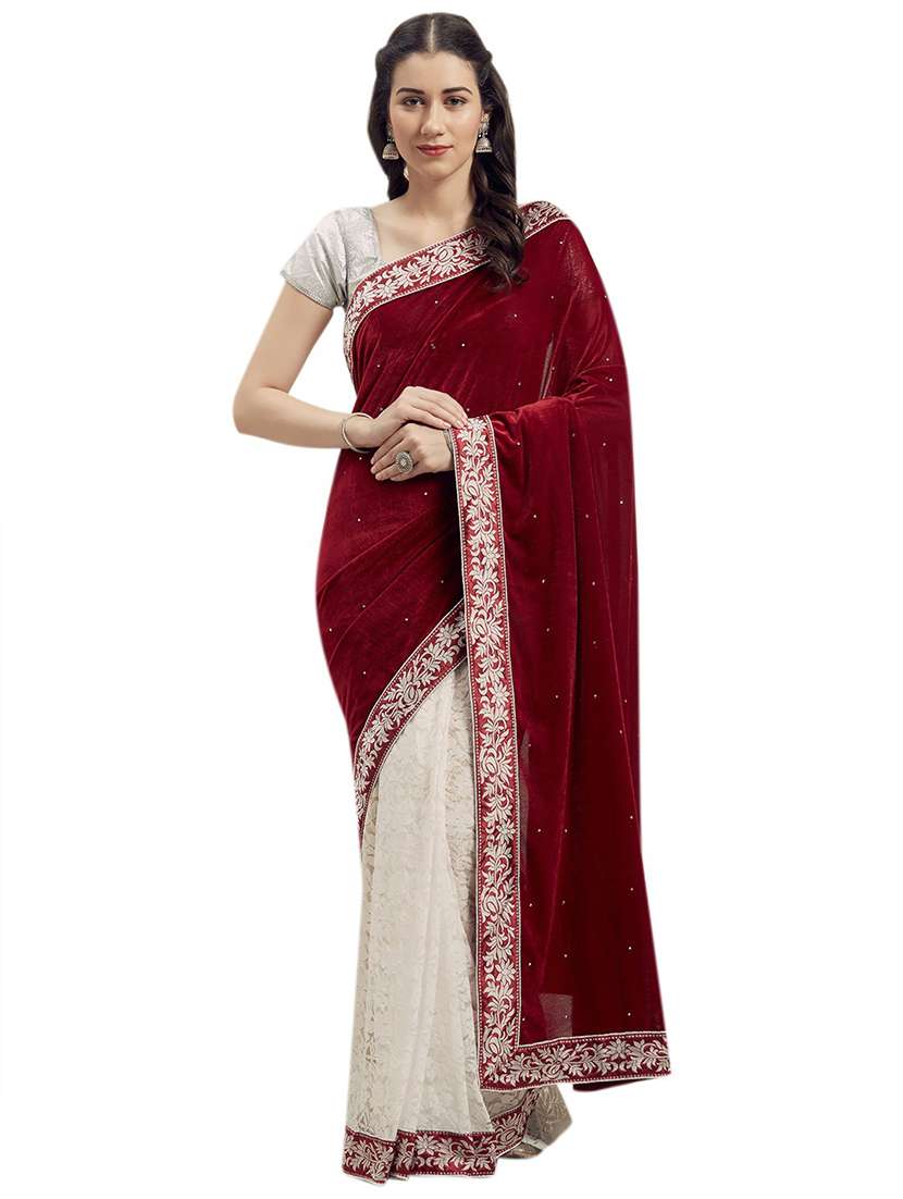women's solid with work maroon colored saree with blouse - 18492674 -  Zoom Image - 0